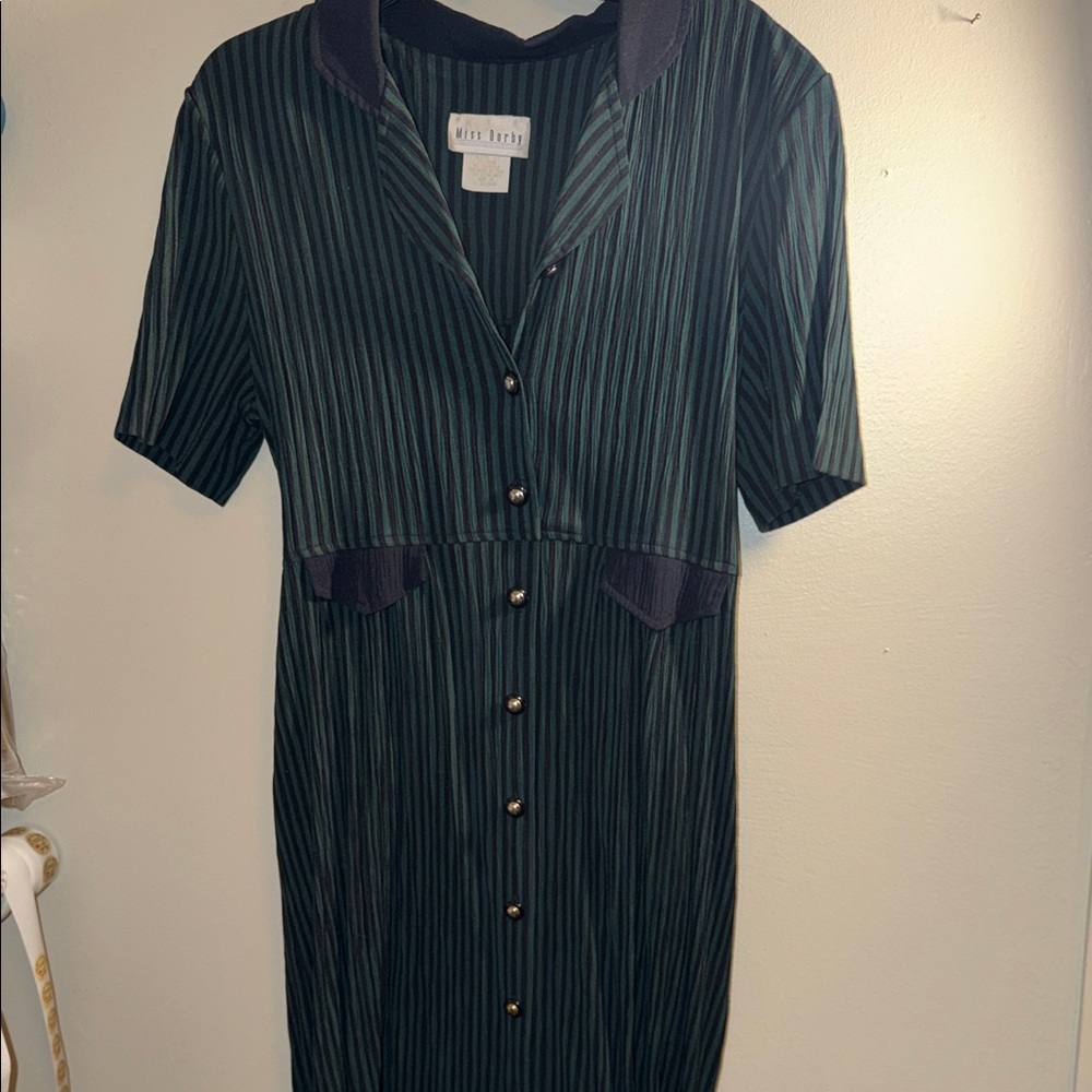 Vintage green and navy striped button-front midi dress
